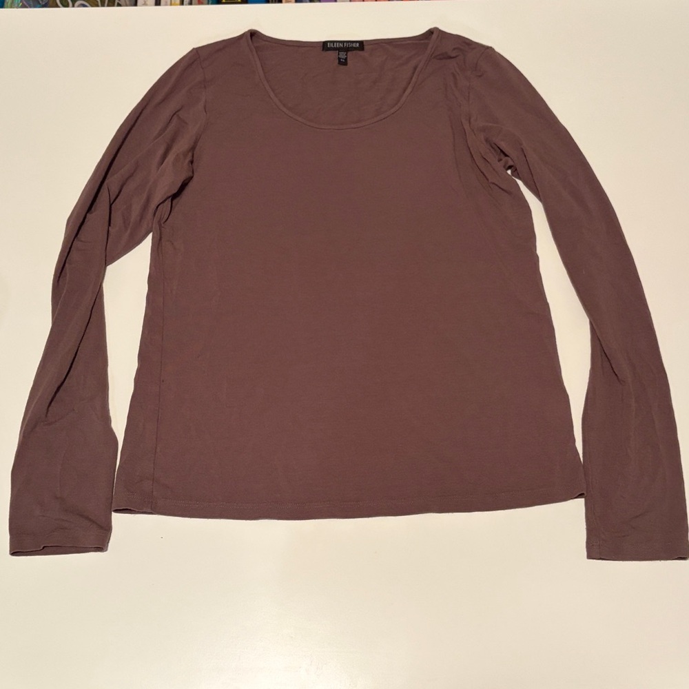 Eileen Fisher Long Sleeve Scoop Neck Top Espresso Brown XS
